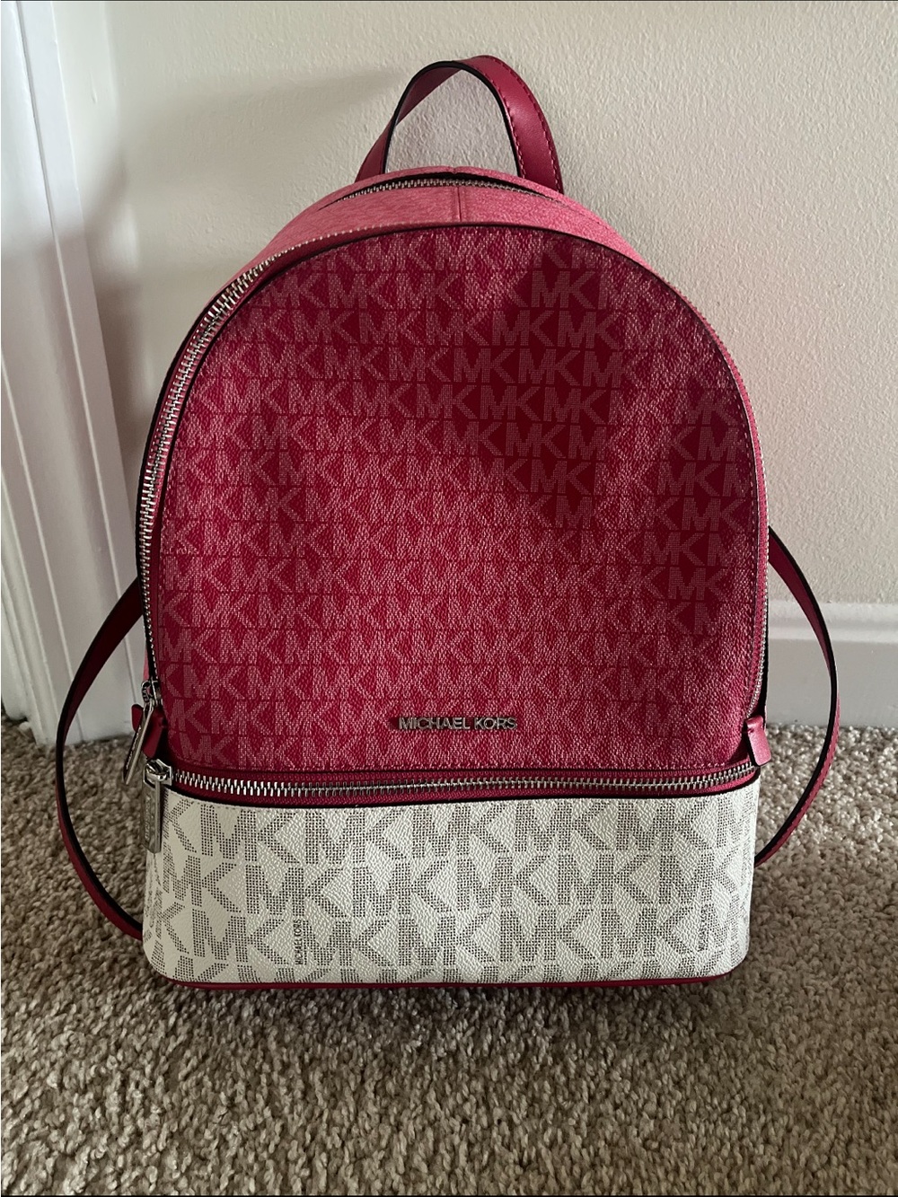 Michael Kors Pink and White MK Logo Two-Tone Backpack